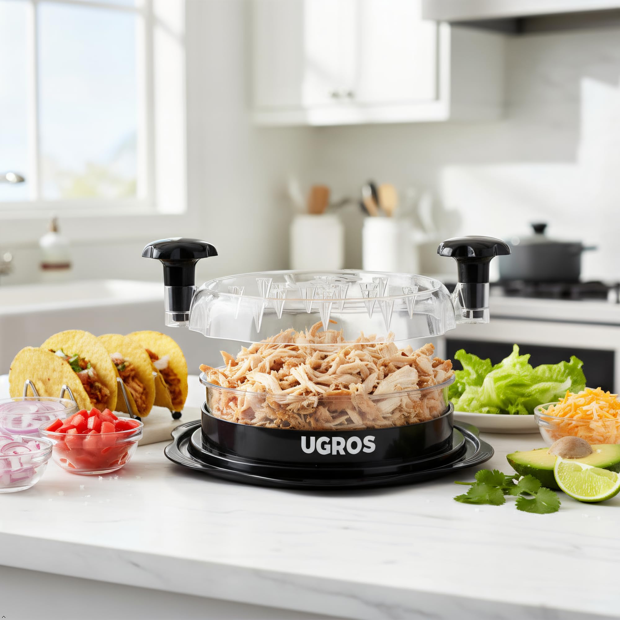 UGROS Chicken Shredder Large Tool Twist with Middle Plate, Food Tongs and Brush, Chicken Breast Shredder with Visible Anti Slip Design and Ergonomic Handles, BPA Free, Suitable for Chicken Pork Beef