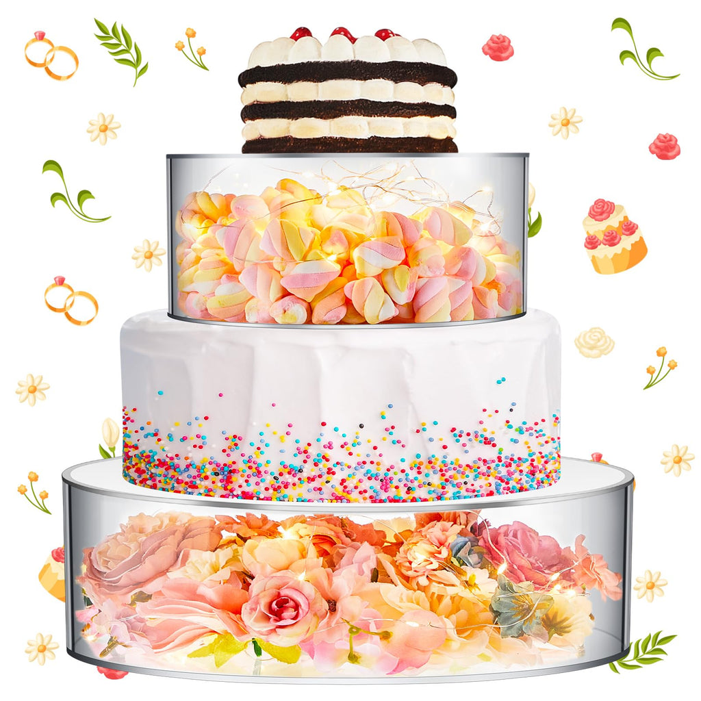 Sunnyray 2 Pcs Acrylic Cake Stands for Dessert Table Clear Fillable Cake Riser Cupcake Tier with LED Strings for Birthday Wedding Holiday Party Display(10", 14")