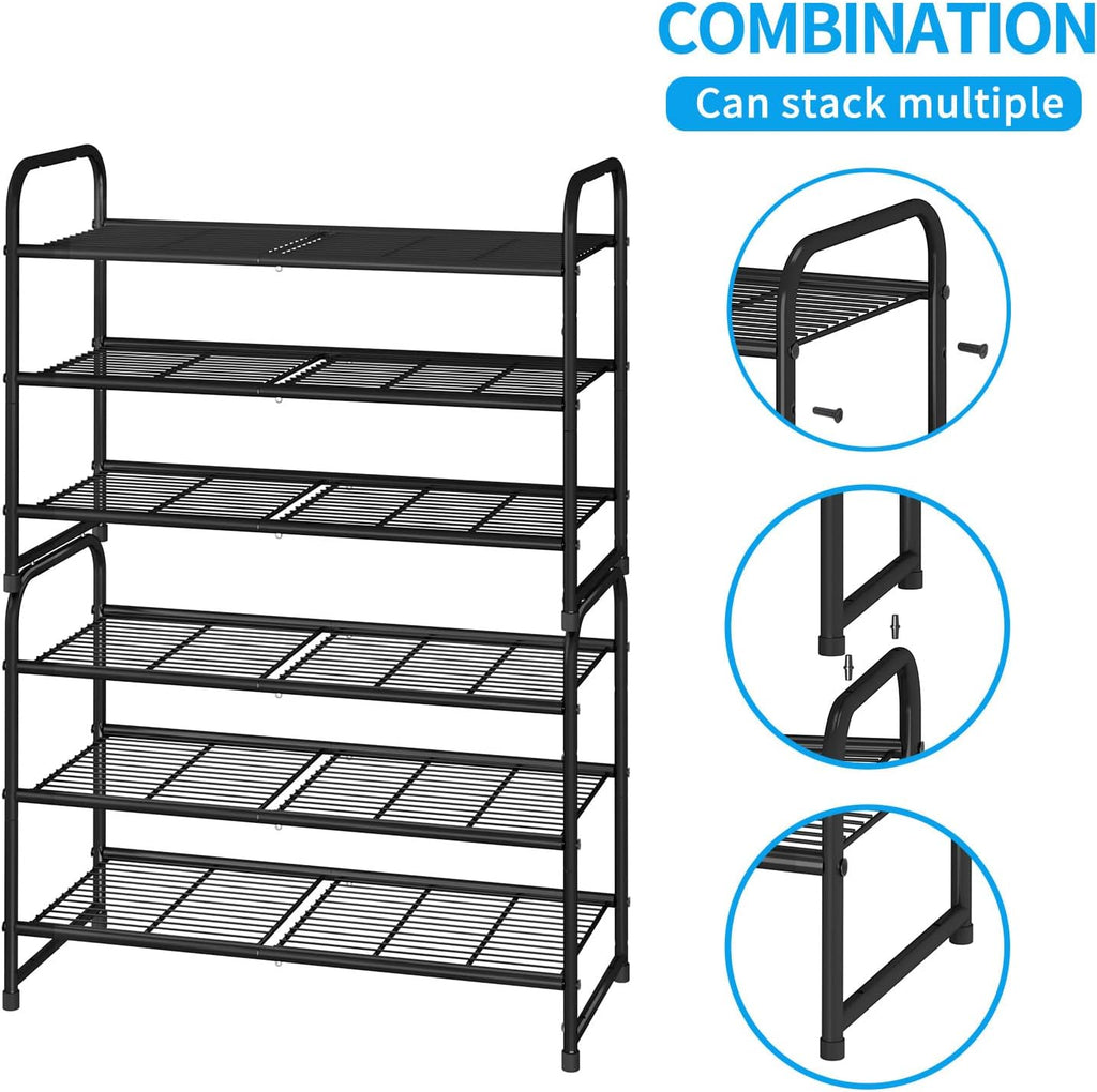 Simple Trending 3-Tier Stackable Shoe Rack - Expandable & Adjustable Storage Organizer | Black Wire Grid