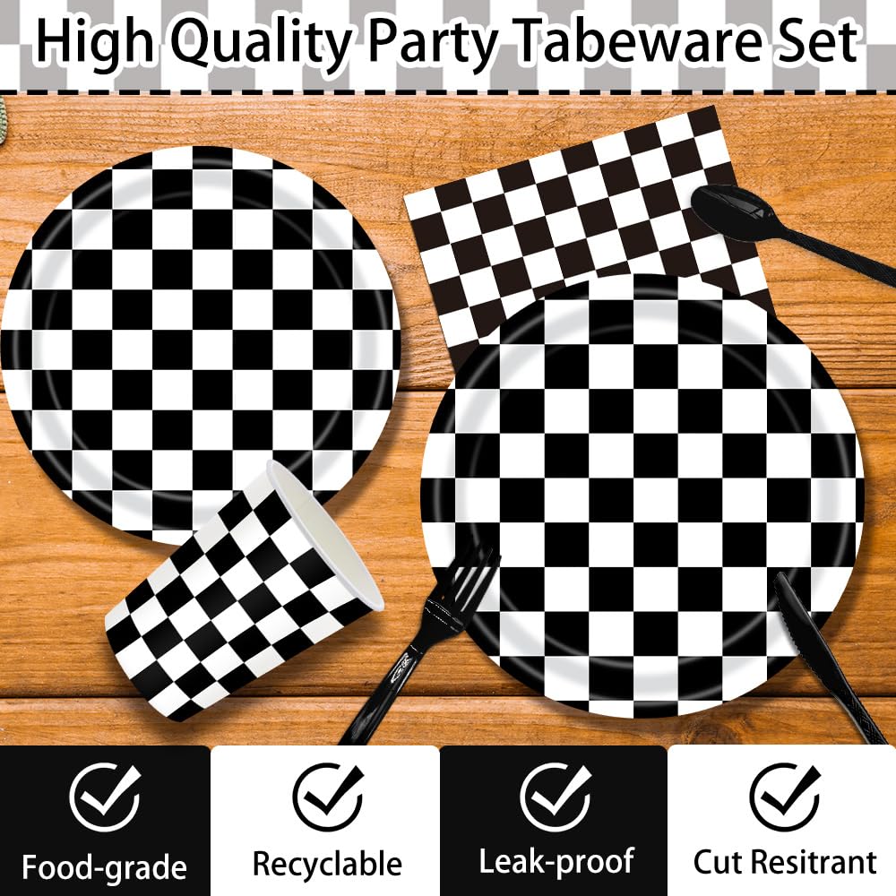170 Pcs Race Car Birthday Party Decorations Black and White Checkered Plates and Napkins, Checkered Party Supplies Serves 24