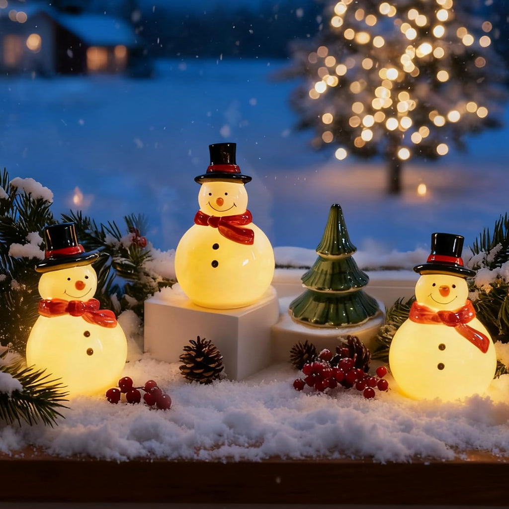 Nerosun Christmas Snowman Figurines - 3 Pack LED Lighted Ceramic Tabletop Ornaments for Winter Decor