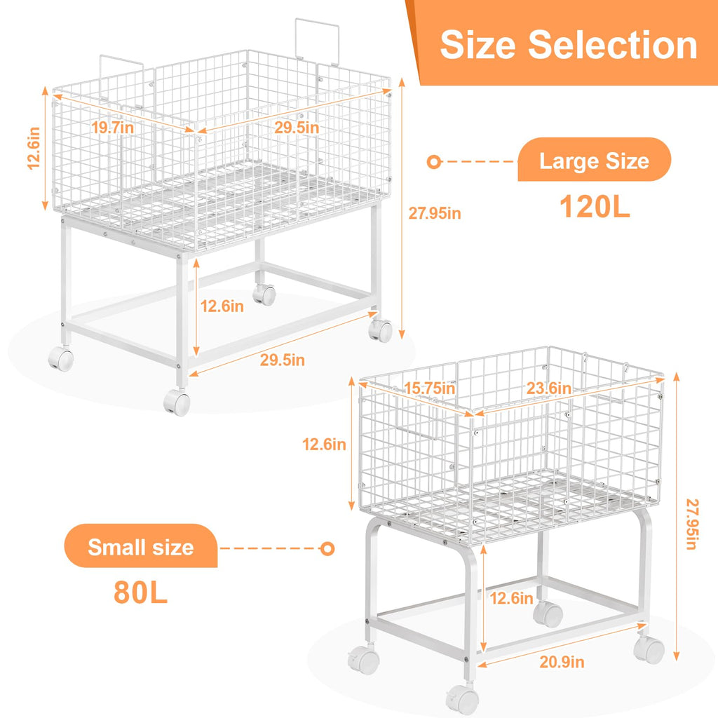Wire Laundry Hamper Cart,80L Laundry Hamper Trolley with Pull Handle,White High Laundry Basket Cart for Laundry Room,Bathroom,Bedroom-White（23.6 * 15.75 * 28inch）