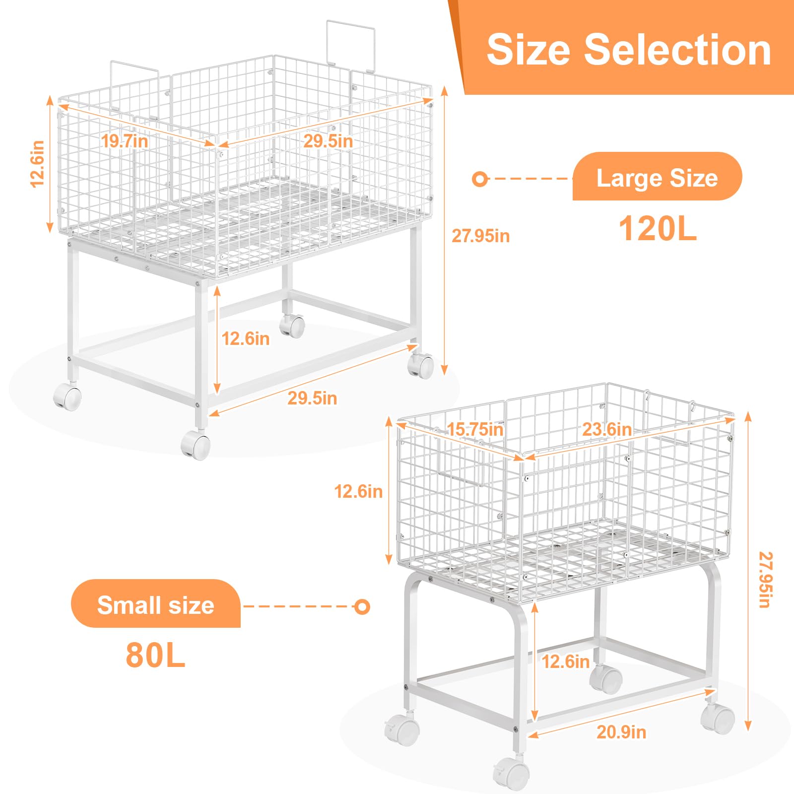 Wire Laundry Hamper Cart,80L Laundry Hamper Trolley with Pull Handle,White High Laundry Basket Cart for Laundry Room,Bathroom,Bedroom-White（23.6 * 15.75 * 28inch）