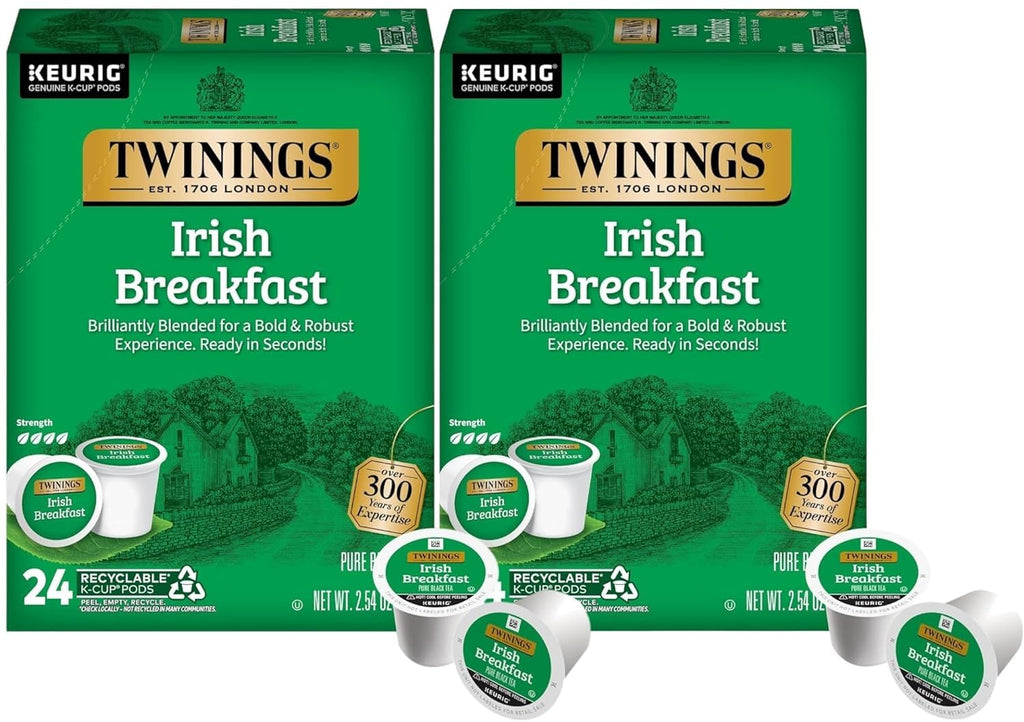 Twinings Irish Breakfast Black Tea K-Cup Pods for Keurig, 24 Count (Pack of 2), Robust, Strong, Bold Flavour, Caffeinated, Enjoy Hot or Iced