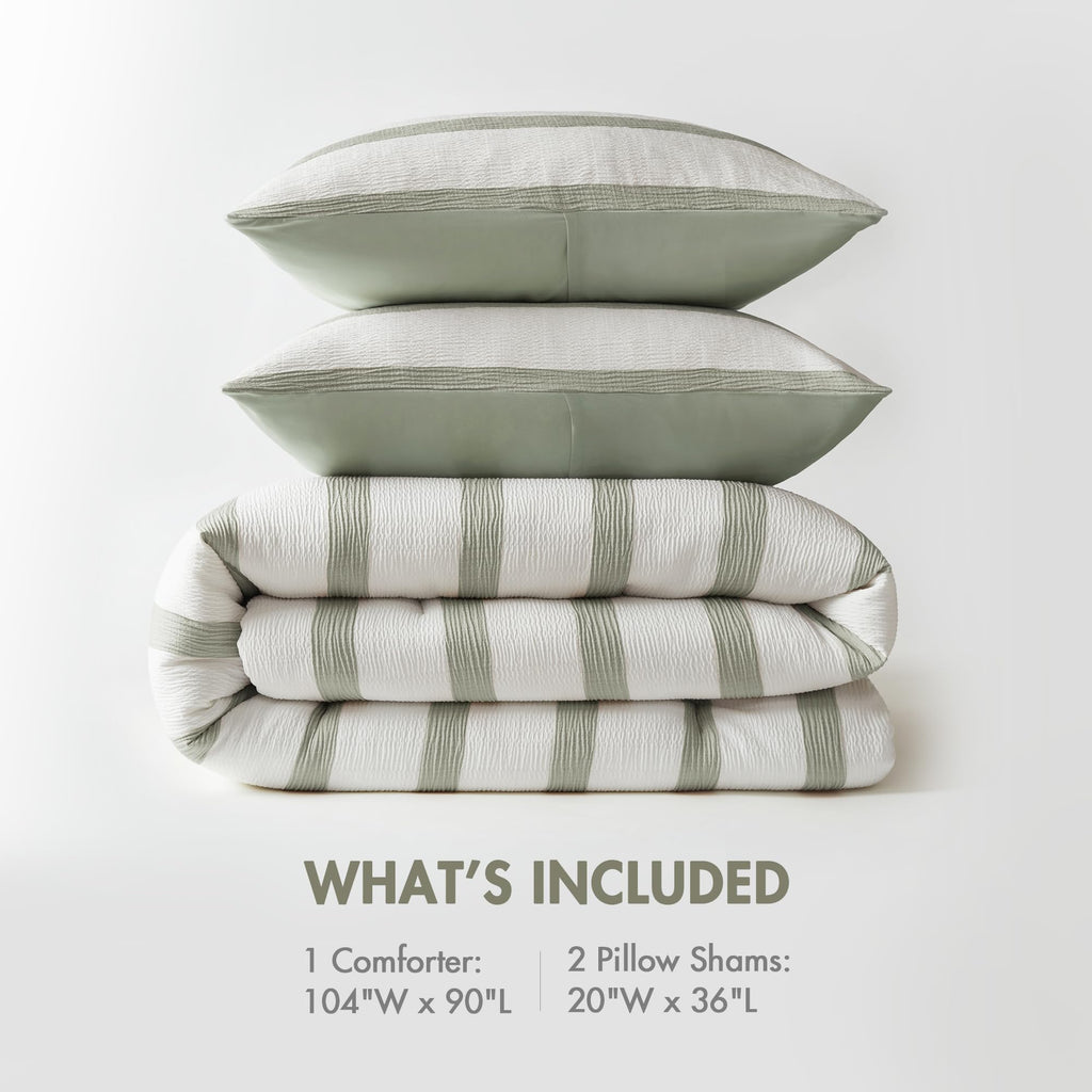 Madison Park Essentials Striped Comforter Set King Size, Yarn-Dyed Reversible Comforter with Minimalist Stripes, Crinkled Texture Bedding Set for All-Season Lightweight Warmth, Merritt Sage Green