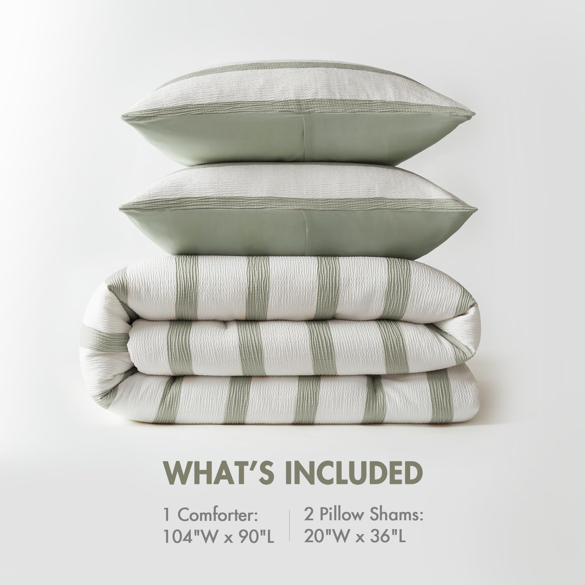 Madison Park Essentials Striped Comforter Set King Size, Yarn-Dyed Reversible Comforter with Minimalist Stripes, Crinkled Texture Bedding Set for All-Season Lightweight Warmth, Merritt Sage Green