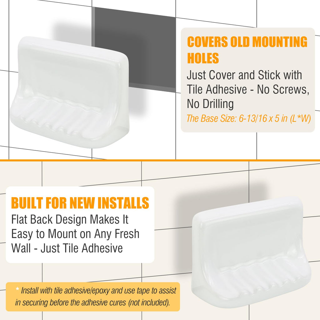 Shower Wall Soap Holder & Ceramic Soap Dish - Fits 4x4 Inch & Any Tile Walls, Heavy-Duty Flat-Back Design with Drainage Slope, No-Slip, Classic White