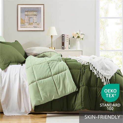 Homelike Moment Queen Comforter Set Olive Green, Lightweight Comforters Queen Size Set, Soft Down Alternative Bed Comforter Full Size All Season 3 Pcs Set with 2 Shams Olive Green/Sage Green