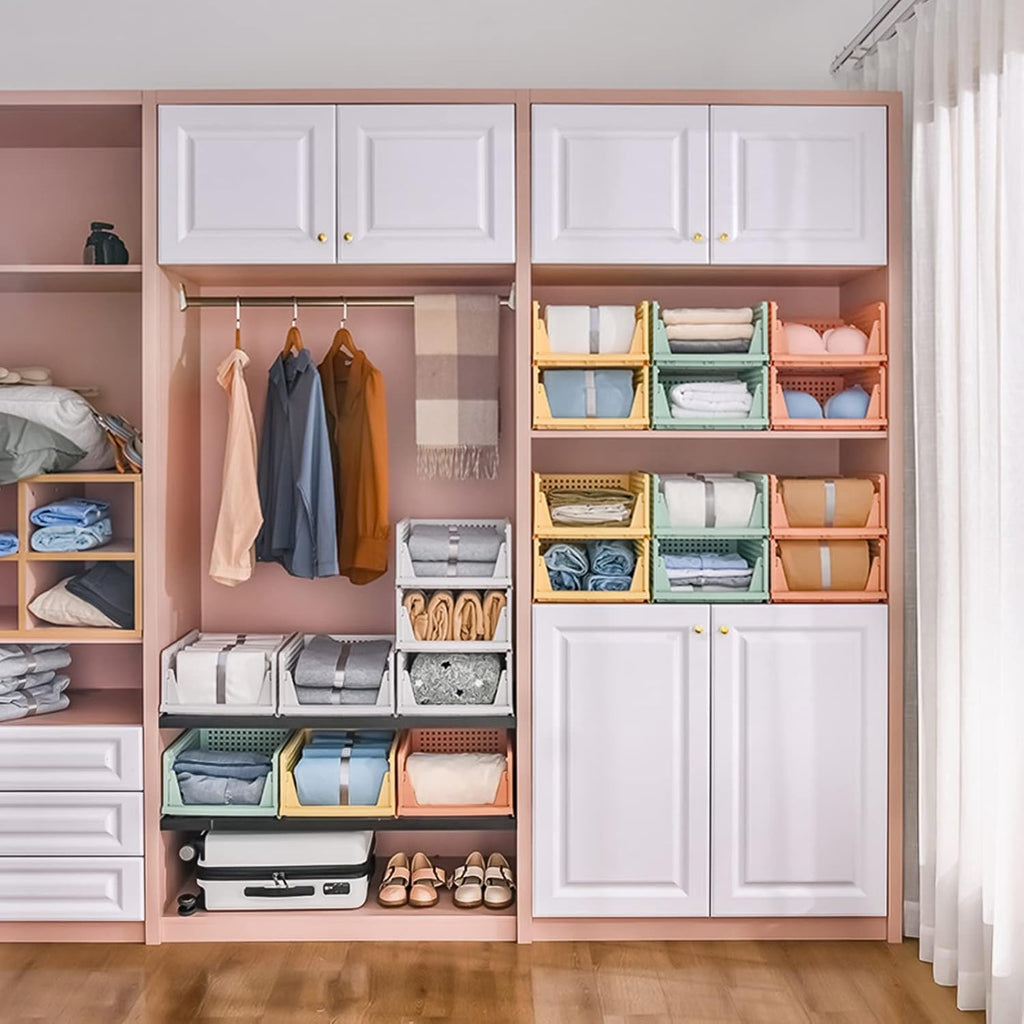 Skiennix Folding Closet Organizers - Stackable Storage Bins for Home & Office | White - 4L (4 Pack)