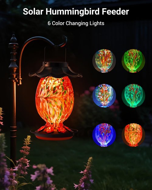 HouseSapp Solar Hummingbird Feeder - 49 fl. oz Color Changing Glass - 7 Feeding Ports & Perch