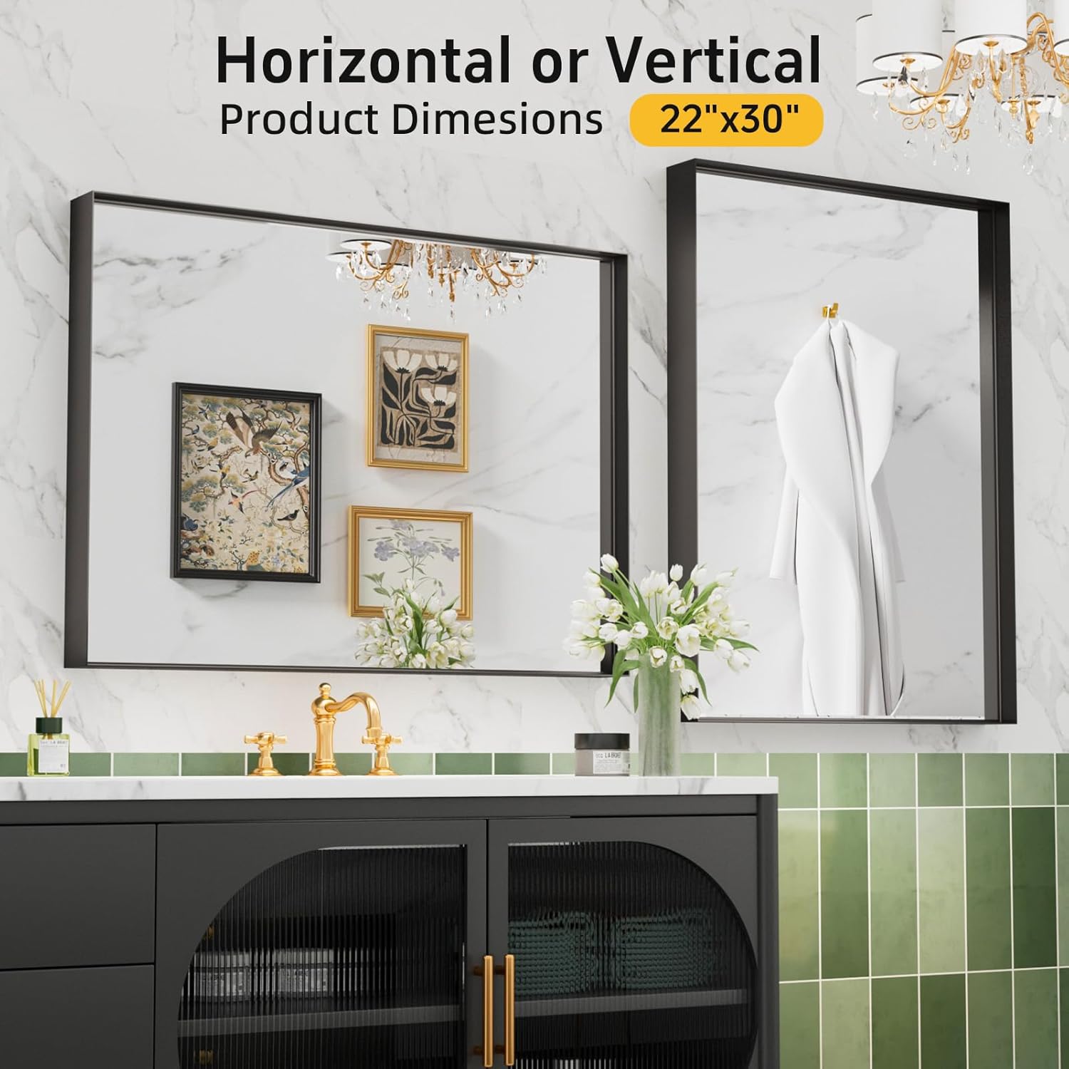 Regine Switzerland Black Vanity Wall Mirror - 22x30 Inch Rectangular Aluminum Framed Design | Anti-Rust Tempered Glass