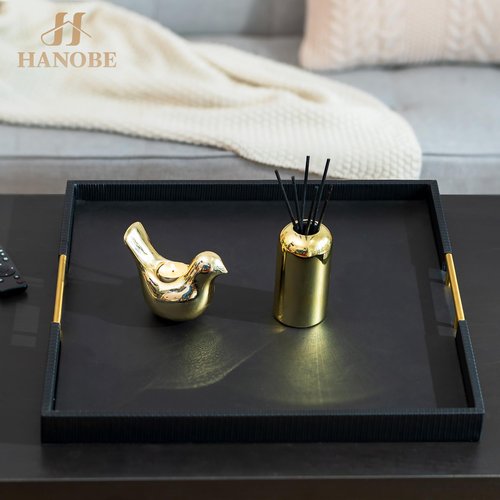 Hanobe Ottoman Coffee Table Tray: Large Decorative Tray Black Leather with Metal Handles for Modern Living Room Home Decor Organized Centerpiece Topper Display Square