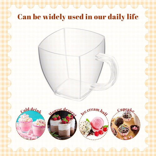 Amyhill 100 Pcs 5 oz Disposable Tea Cups Bulk Mini Plastic Tea Cup Bulk with Handle Hard Coffee Mug Reusable Square Espresso Mugs for Party Wedding (Clear)