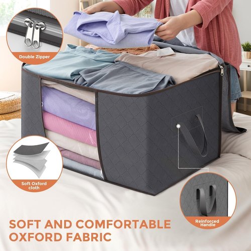 Budding Joy 90L Large Storage Bags - 10 Pack Foldable Closet Organizers with Reinforced Handles | Gray