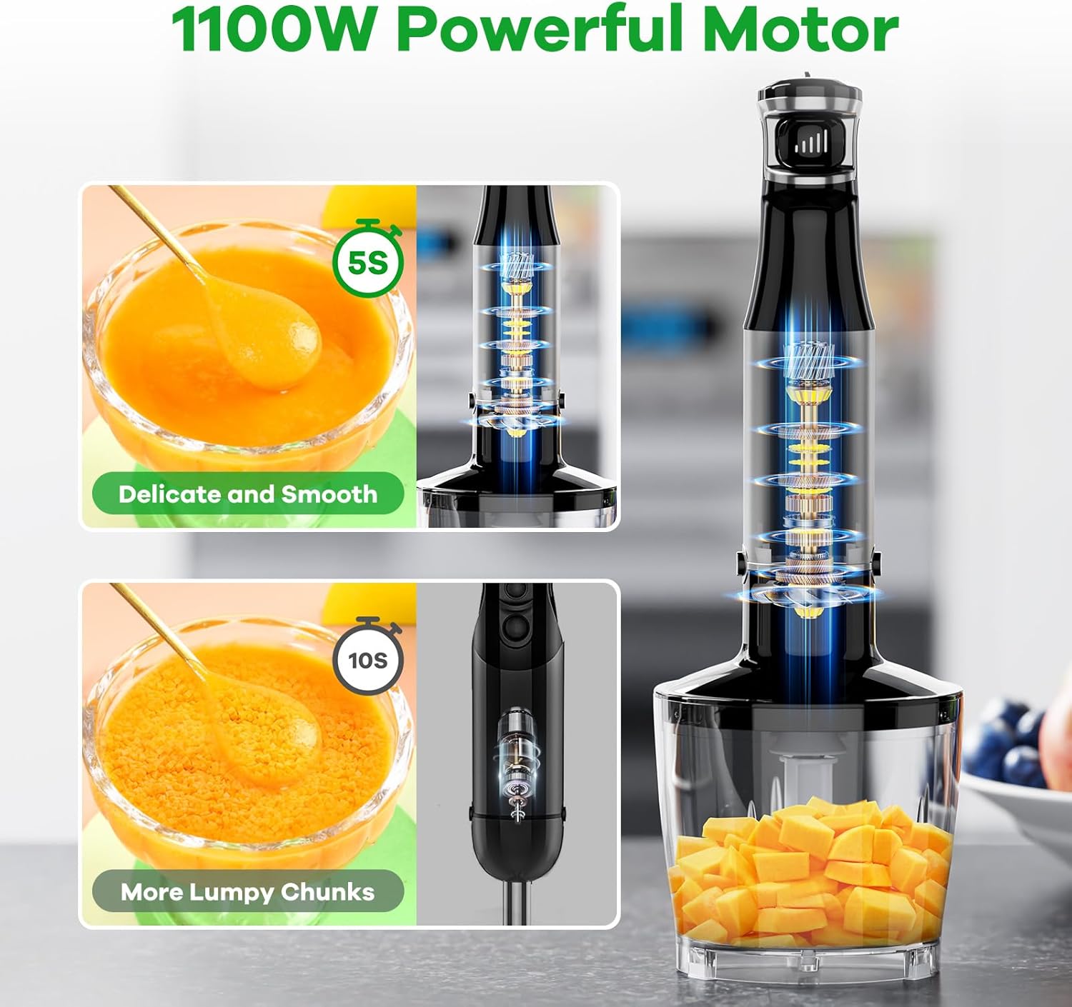 Turelar Immersion Blender - 1100W Handheld Stick Blender Set with Chopper, Whisk & Frother - Black