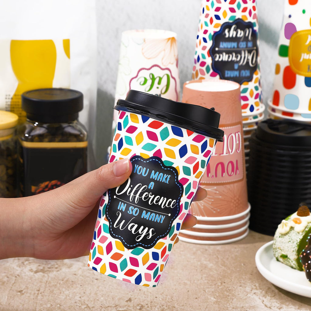 Ovveroche 50 Pack 16 oz Disposable Coffee Cups with Lids,5 Motivational Encouragemen Positivity Paper Hot Cups for Hot and Cold Beverages,Coffee,Tea,Water,Juice