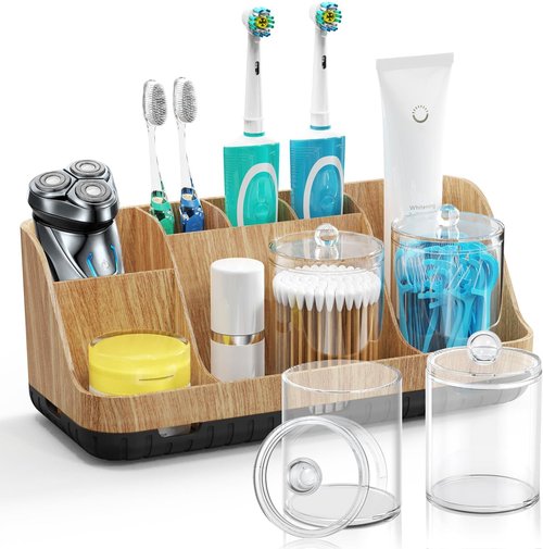 GFWARE Bathroom Toothbrush Holder Set - 2 Pack Qtip Dispenser with Drainage | 7 Slots for Kids' Bathroom