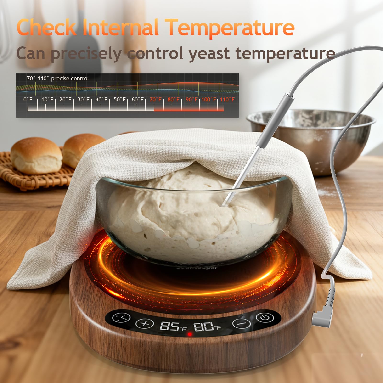 Pakusane SourKeeper, Larger 2-in-1 Sourdough Starter Warmer Pro - 2026 Upgrade Larger Heating Plate, Dough Temp Probe, 1°F Control (70–110°F), 24H Timer, Real-Time Monitoring Walnut,6.5inch