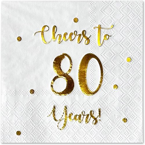 Cheers to 80 Years Cocktail Napkins - 50-Pack 3-Ply Napkins for 80th Birthday & Anniversary Celebrations | 5 x 5 Inch (White)