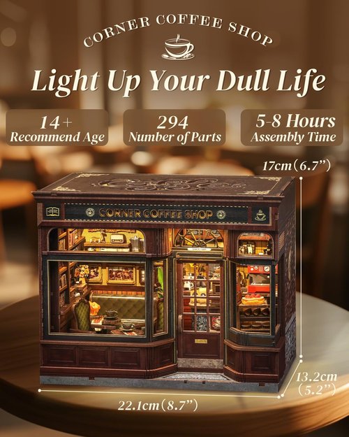 Cutefun Book Nook Kit - DIY Miniature Coffee Shop Bookend with LED Light | 3D Wooden Puzzle for Book Lovers
