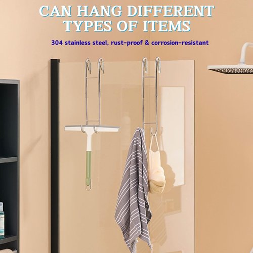 Ofiray-home Shower Door Towel Hooks(2-Pack) - 9"~13" Length Adjustable Hook for Frameless Over The Door Glass, Squeegee Holder, Towel Hanger for Bath Suits Rozer Robes Loofahs Shavers, Stainless Steel