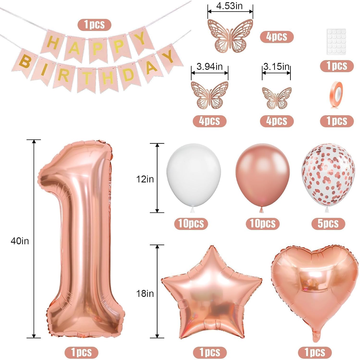Rose Gold 1st Birthday Decoration Set | 1st Birthday Balloon with Butterfly Stickers & Foil Balloons