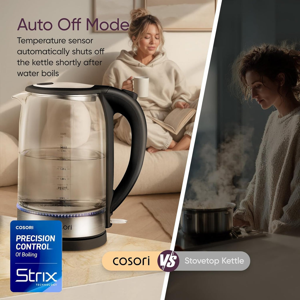 Cosori Electric Kettle - 1.7L Borosilicate Glass Tea Kettle | No Plastic Contact & Auto Shut Off, Black
