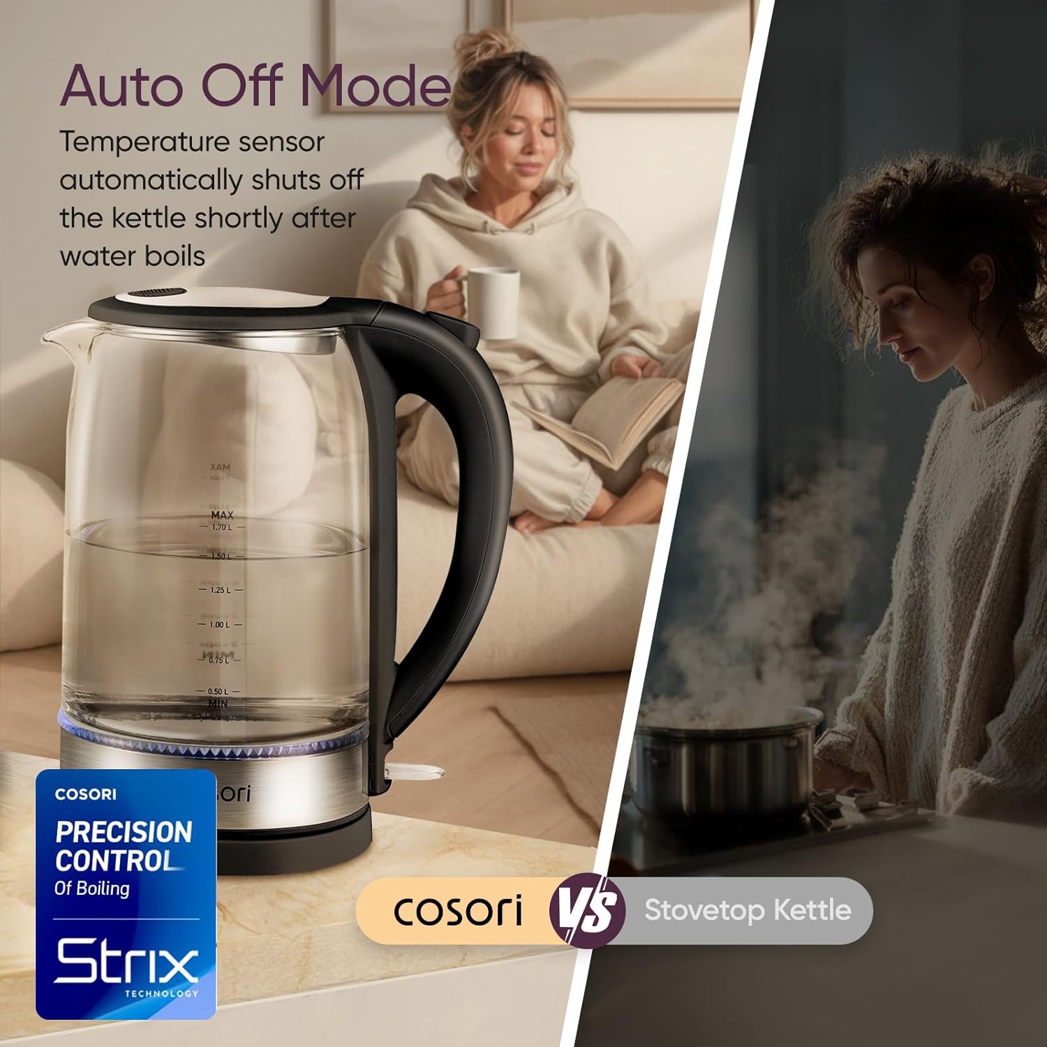 Cosori Electric Kettle - 1.7L Borosilicate Glass Tea Kettle | No Plastic Contact & Auto Shut Off, Black