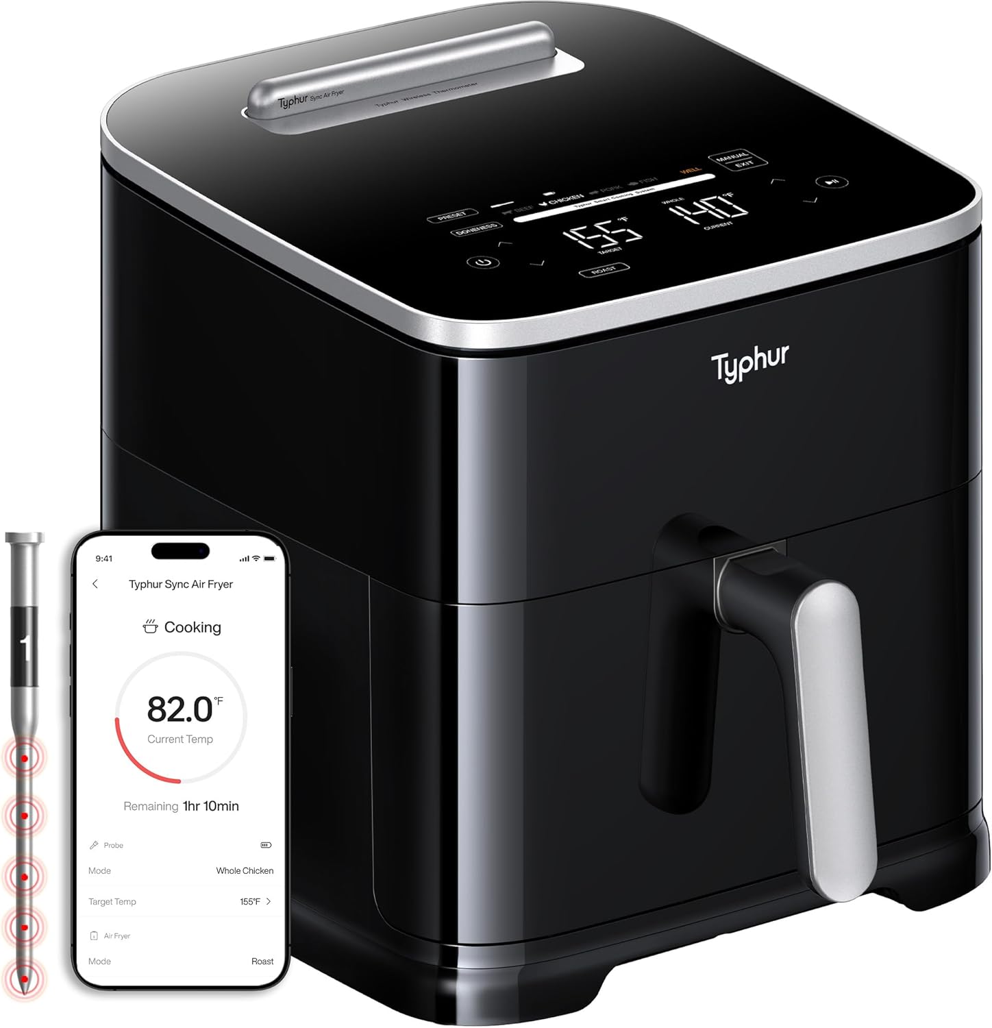 Typhur Sync 8QT AI Smart Air Fryer - 9-in-1 Non-Toxic Ceramic with Wireless Thermometer | Cooks 6lb Chicken