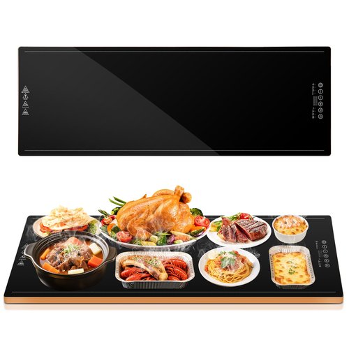 Electric Warming Trays for Buffets Party (XXL 39"x13"), Food Warmers for Parties Buffet with Thermostat & Full Surface Heating, Tempered Glass Warming Mat for Food, Temperature Adjustable Gold Handles