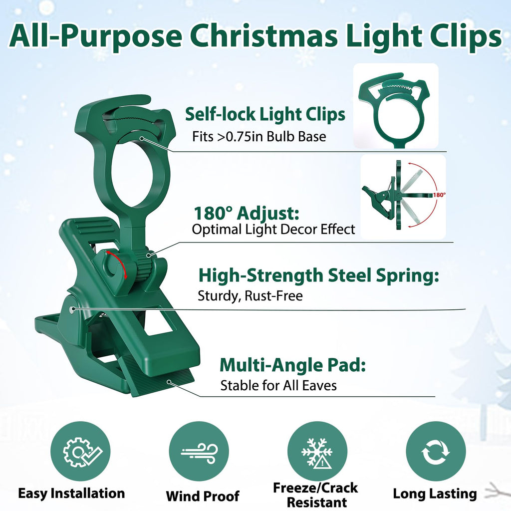 C7 C9 christmas light spring clips, 100Pcs Self-lock heavy duty quick Christmas Light Clips, Fit E12/E17 Base, Mini Lights Holiday Rope Lights, Perfect for gutter Shingle Metal Roof Fence Railing
