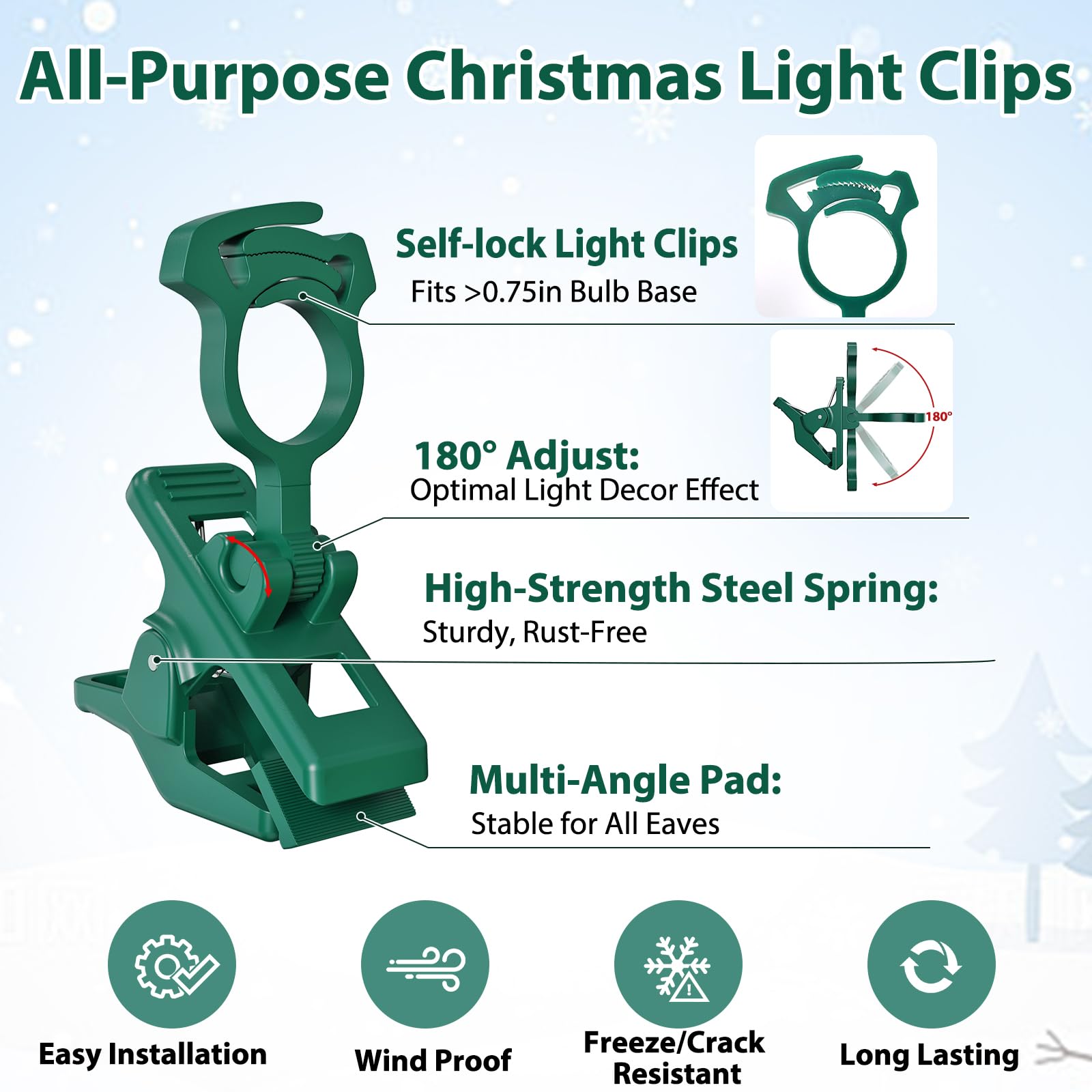 C7 C9 christmas light spring clips, 100Pcs Self-lock heavy duty quick Christmas Light Clips, Fit E12/E17 Base, Mini Lights Holiday Rope Lights, Perfect for gutter Shingle Metal Roof Fence Railing