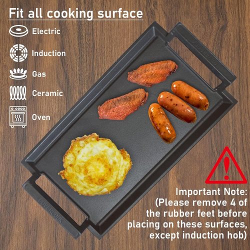 COVERCOOK Cast Iron Griddle Pan - Rectangular Grill Hot Plate for Electric & Induction Stoves | 16.7 x 9.1 in
