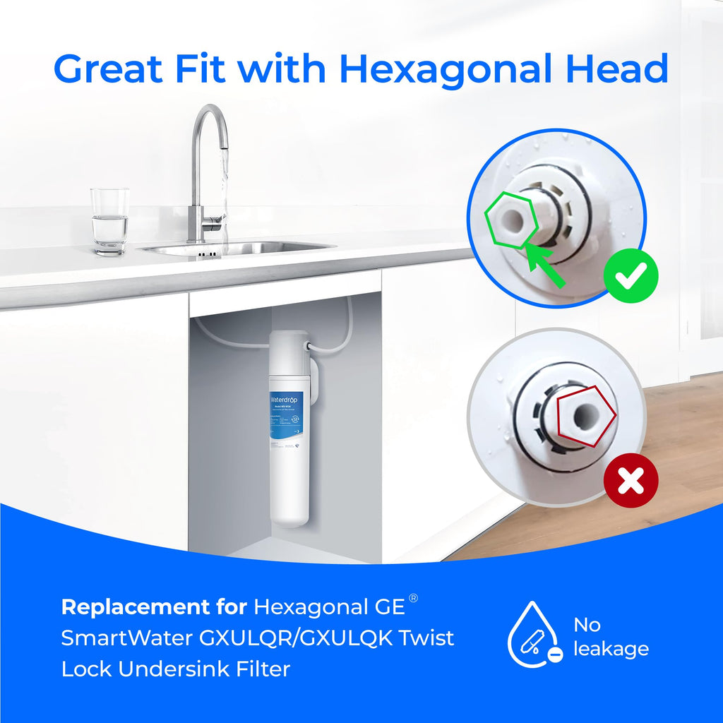Waterdrop FQK1R, GXULQR Under Sink Replacement Filter, Replacement for Hexagonal Head GE SmartWater GXULQR, GXULQK and GXK140TNN, NSF/ANSI 42 372 Certified, 2K Gallons, 2 Filters