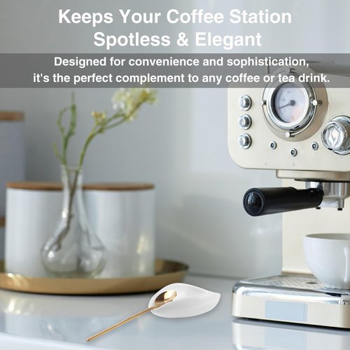 Elegant Ceramic Spoon Rest for Kitchen & Coffee Bar - FEUNLEM Utensil Holder Keeps Counter Clean, Includes Gold Coffee Stirring Spoon, Gift for Coffee Lover (White, Gold)
