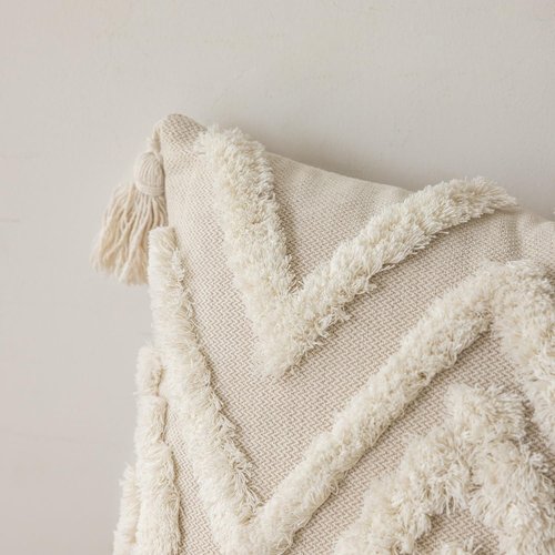 IKATYARN Woven Tufted Boho Throw Pillow Cover, Cream Modern Decorative Geometric Cushion, Farmhouse Tribal Pillowcase for Couch Sofa Bedroom Living Room, Off White