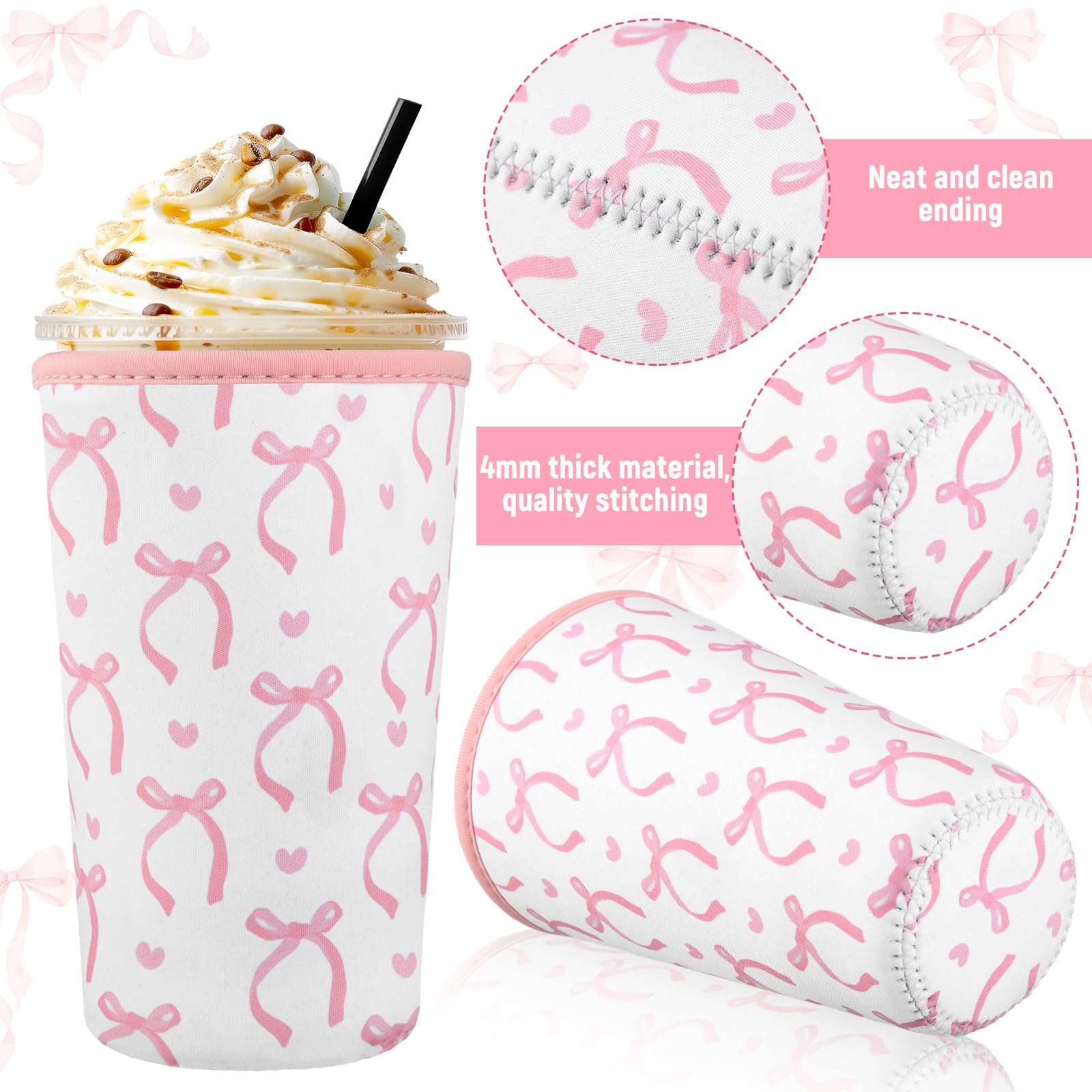 SiliFine 3 Pack Reusable Iced Coffee Cup Sleeve Insulated Neoprene Cup Holder for Iced & Hot Drinks Pink Coquette Bow Coffee Sleeve for Cold Beverages(Bow and Heart)