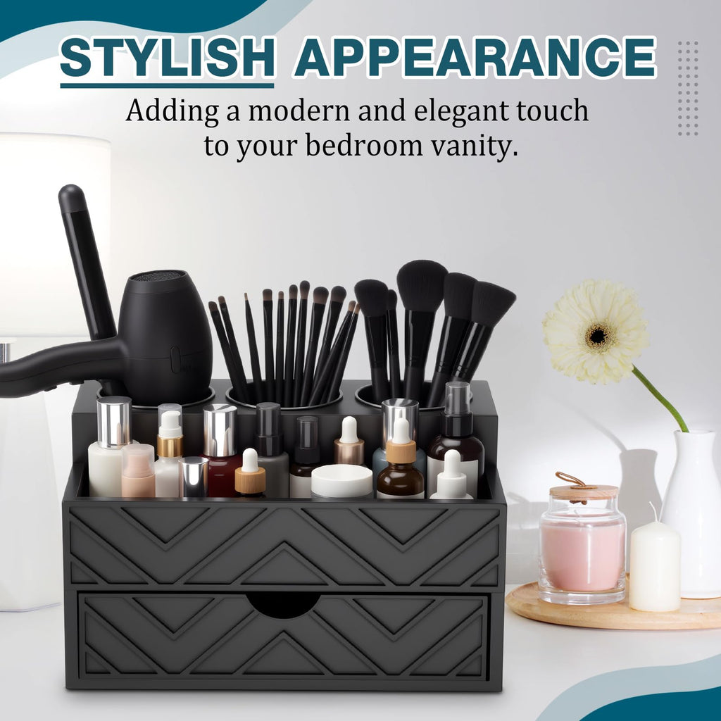 AceOrbit Hair Tool Organizer with Drawer, Hair and Makeup Bathroom Vanity Organizers and Storage Fits Blow Dryer, Curling Iron, Makeup Brushes, Skincare, Hot Tools Organizer for Tidy Counter(Black)