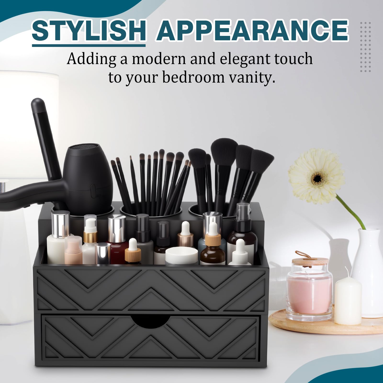 AceOrbit Hair Tool Organizer with Drawer, Hair and Makeup Bathroom Vanity Organizers and Storage Fits Blow Dryer, Curling Iron, Makeup Brushes, Skincare, Hot Tools Organizer for Tidy Counter(Black)