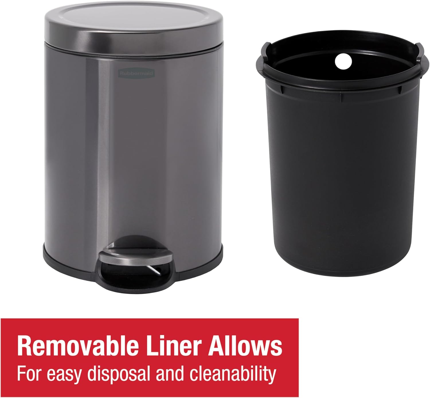 Rubbermaid Stainless Steel Round Step-On Trash Can - 1.6-Gallon Charcoal Wastebasket with Lid for Home & Office