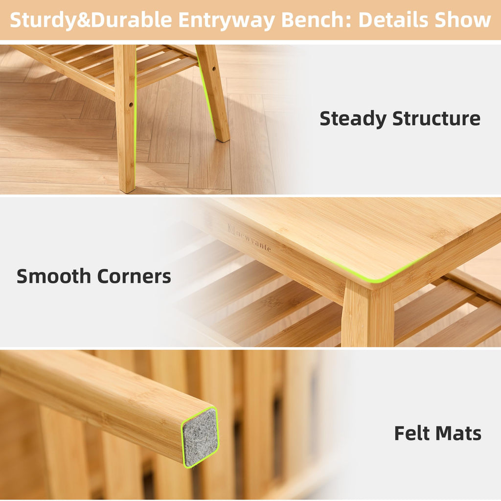 Nnewvante Bamboo Entryway Bench, 33.46" Indoor Storage Bench, Small Wood Benches for Living Room, Bedroom, Dining Room, Hallway, Outdoor Wooden Bench, Holds up to 300lbs