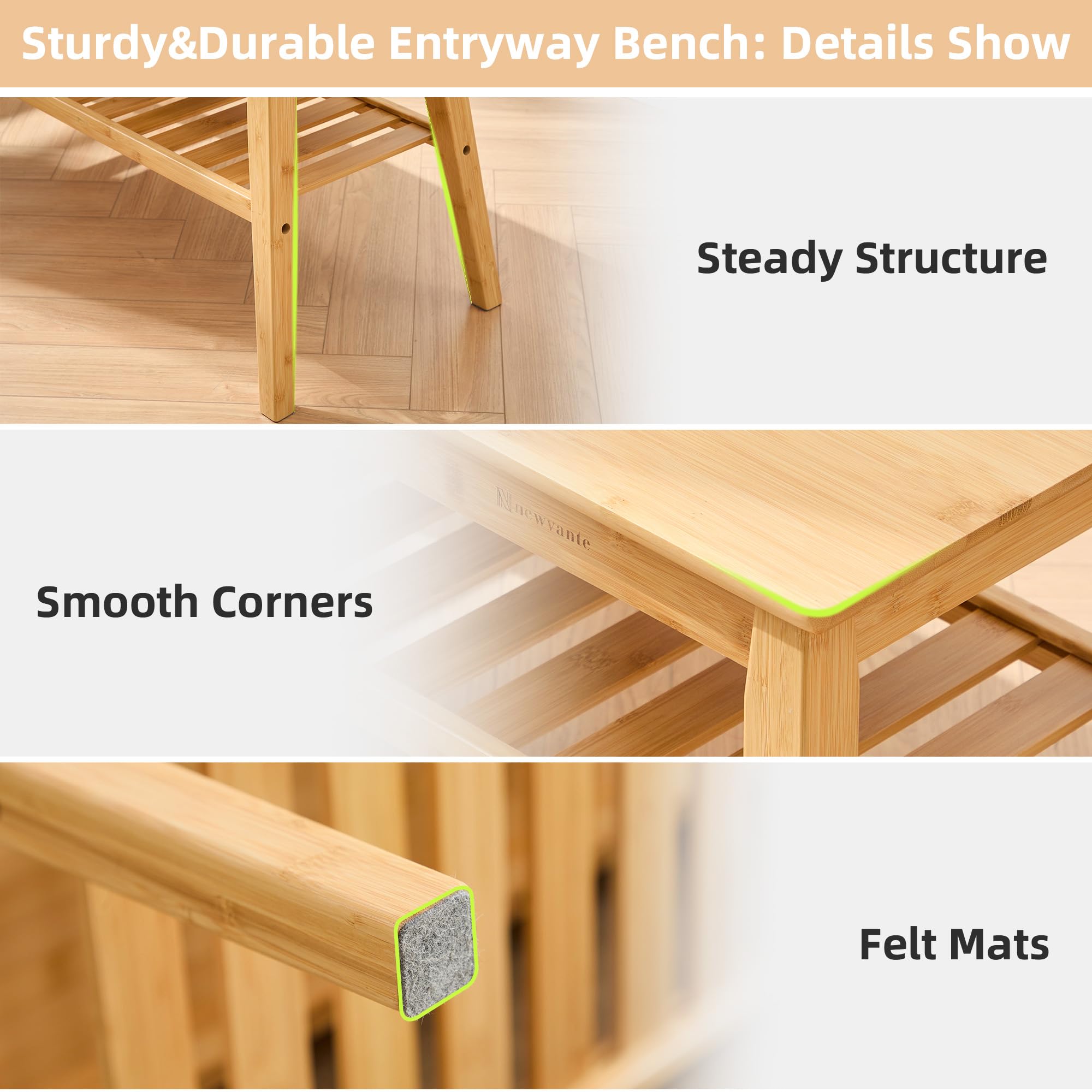 Nnewvante Bamboo Entryway Bench, 33.46" Indoor Storage Bench, Small Wood Benches for Living Room, Bedroom, Dining Room, Hallway, Outdoor Wooden Bench, Holds up to 300lbs