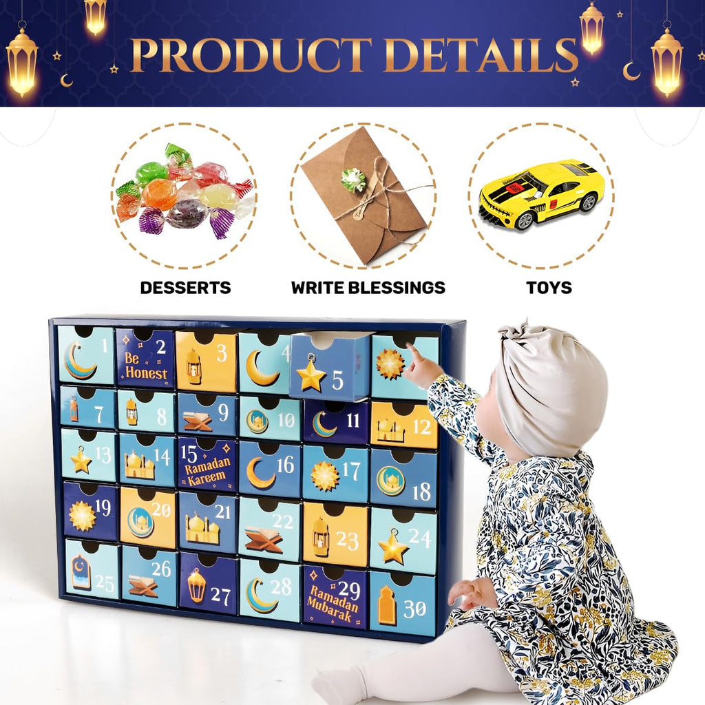 MOVINPE Ramdan Calendar with Drawers 2026 Ramadan Gifts for Kids, 30 Pre-Assembled Empty Boxes Eid Mubarak Coutdown Calendar Fillable Islamic Art Gift Box, Ramadan Party Supplies (Blue)