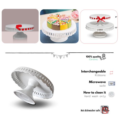 Ceramic Cake Stand, 12inch cake decoration supplies, Cake Pedestal Stand with 6 Ribbons, Cake Stands for Party or Birthday, White Cake Platter - Cake Display Stand for Wedding Reception, Pie Stand