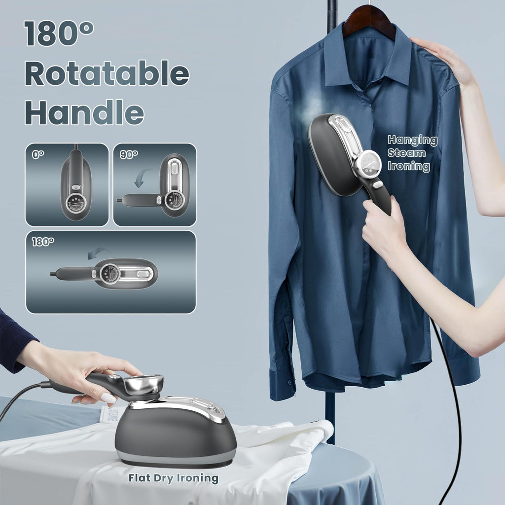 Killrose Steamer for Clothes, 2 in 1 Iron for Clothes, 1200W Steam Iron, 3 Level Adjustable Settings, Clothes Steamer Handheld, 180° Rotatable Portable Handheld, Water Tank, Thermometer