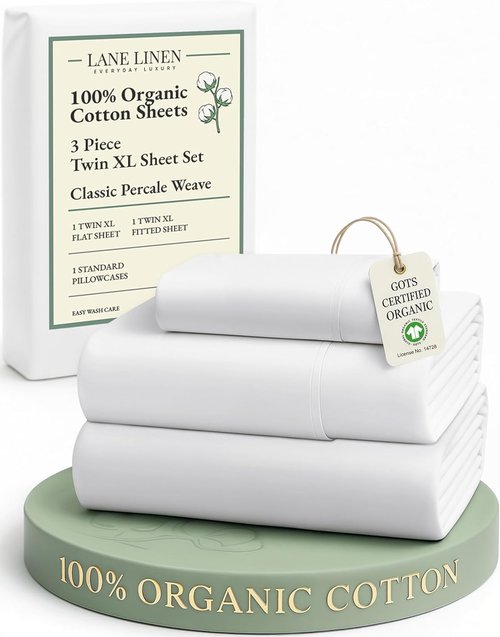 LANE LINEN 100% Organic Cotton Twin XL Sheet Set - 3-Piece Soft Percale Bedding in White, Breathable & Deep-Fit