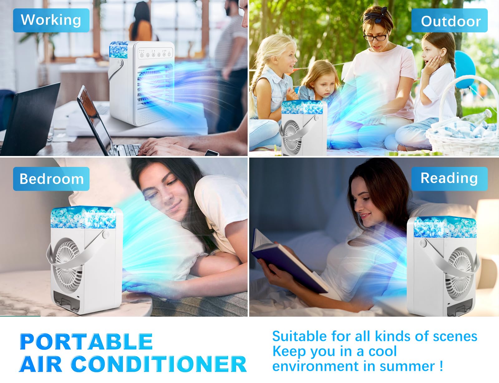 Portable Air Conditioners - Evaporative Air Cooler & Humidifier Combo | 4 Speeds, 7 Colors Light, 2/4/6H Timing | Quiet Personal Air Conditioner Fan for Room, Office