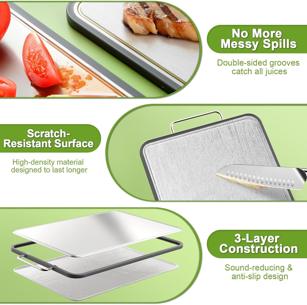 Stainless Steel Cutting Board - 17" x 11" Heavy-Duty Chopping Board with Juice Grooves | Non-Slip & Dishwasher Safe