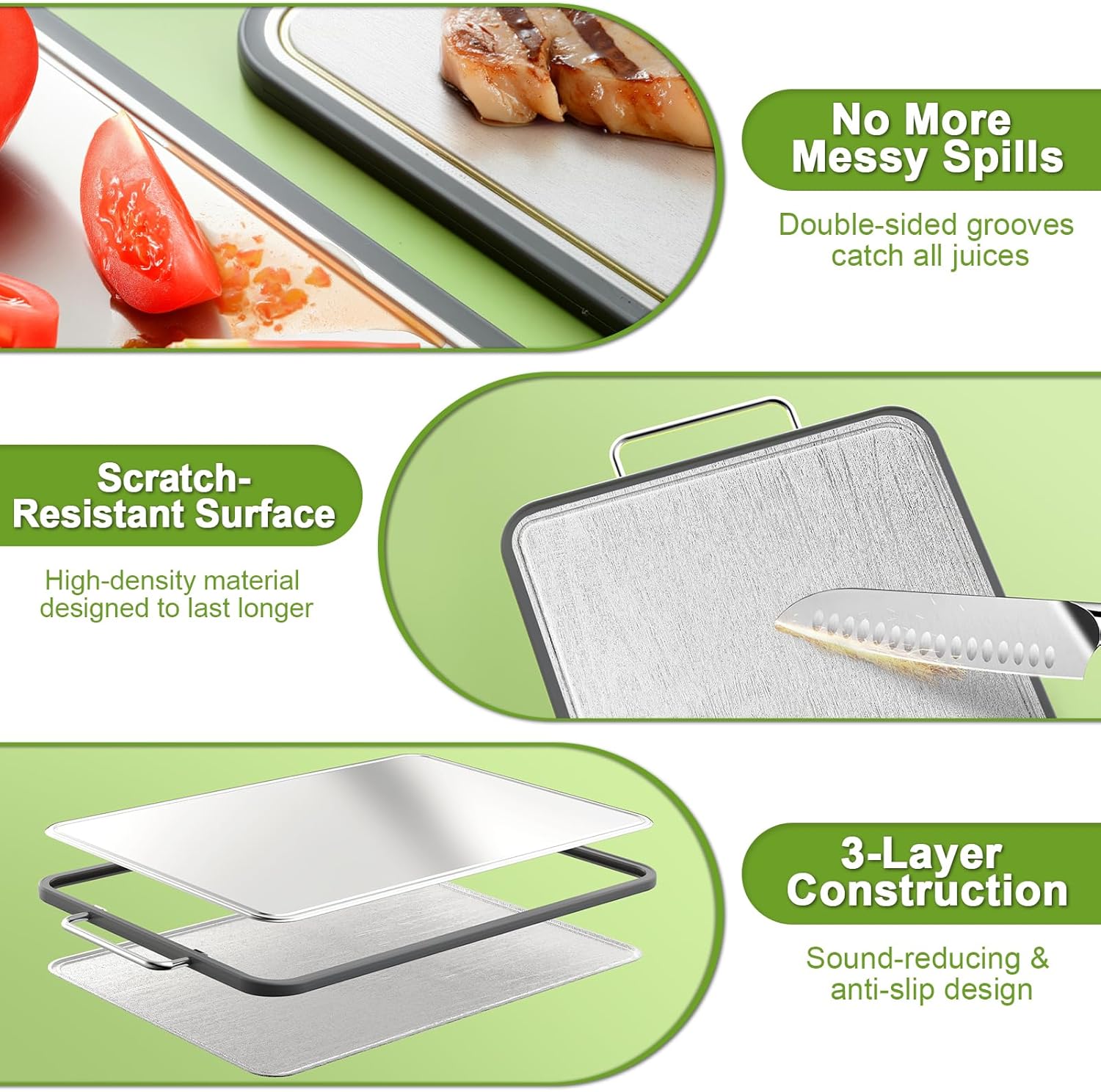 Stainless Steel Cutting Board - 17" x 11" Heavy-Duty Chopping Board with Juice Grooves | Non-Slip & Dishwasher Safe