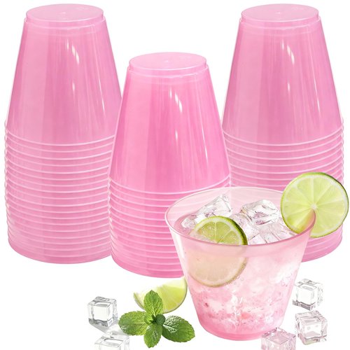 Glowserve 9 oz Clear Plastic Cups Pink Plastic Disposable Mother's Day Cups for Cocktail 50 Pack Fancy Cocktail Cup for Party Stemless Wine Glasses for Party Wedding Graduation Birthday